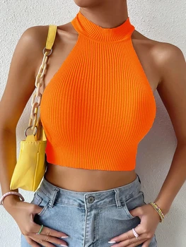 2026 Summer Fashion Women Basics Casual Knit Sleeveless Corset Halter Crossfit Crop Top Y2k Clothes Femme Stretch Sweater Tank 1