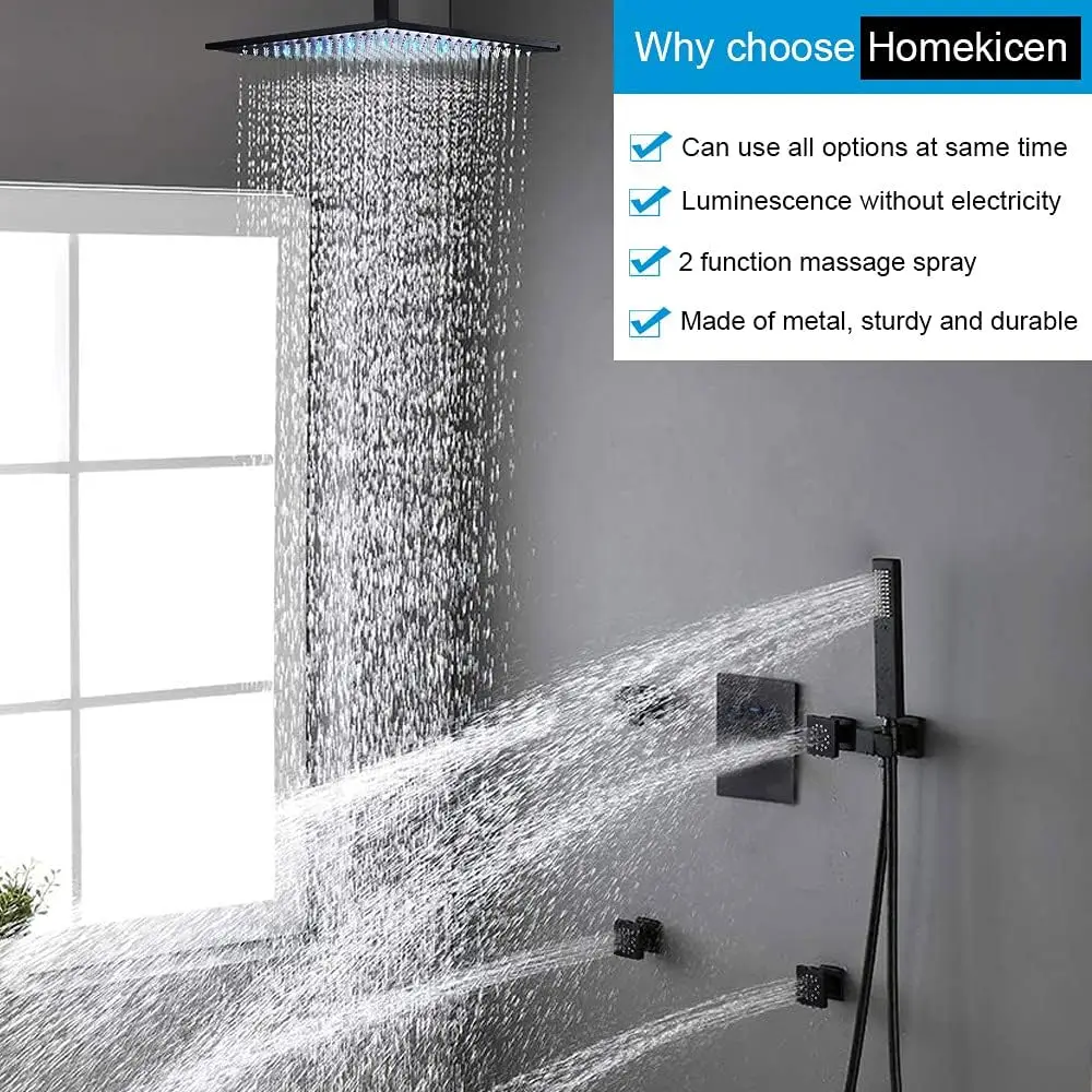 

Delnet Shower System - 12" LED Square Ceiling Rain Head with High Pressure Handheld and Full Body Spray Jets