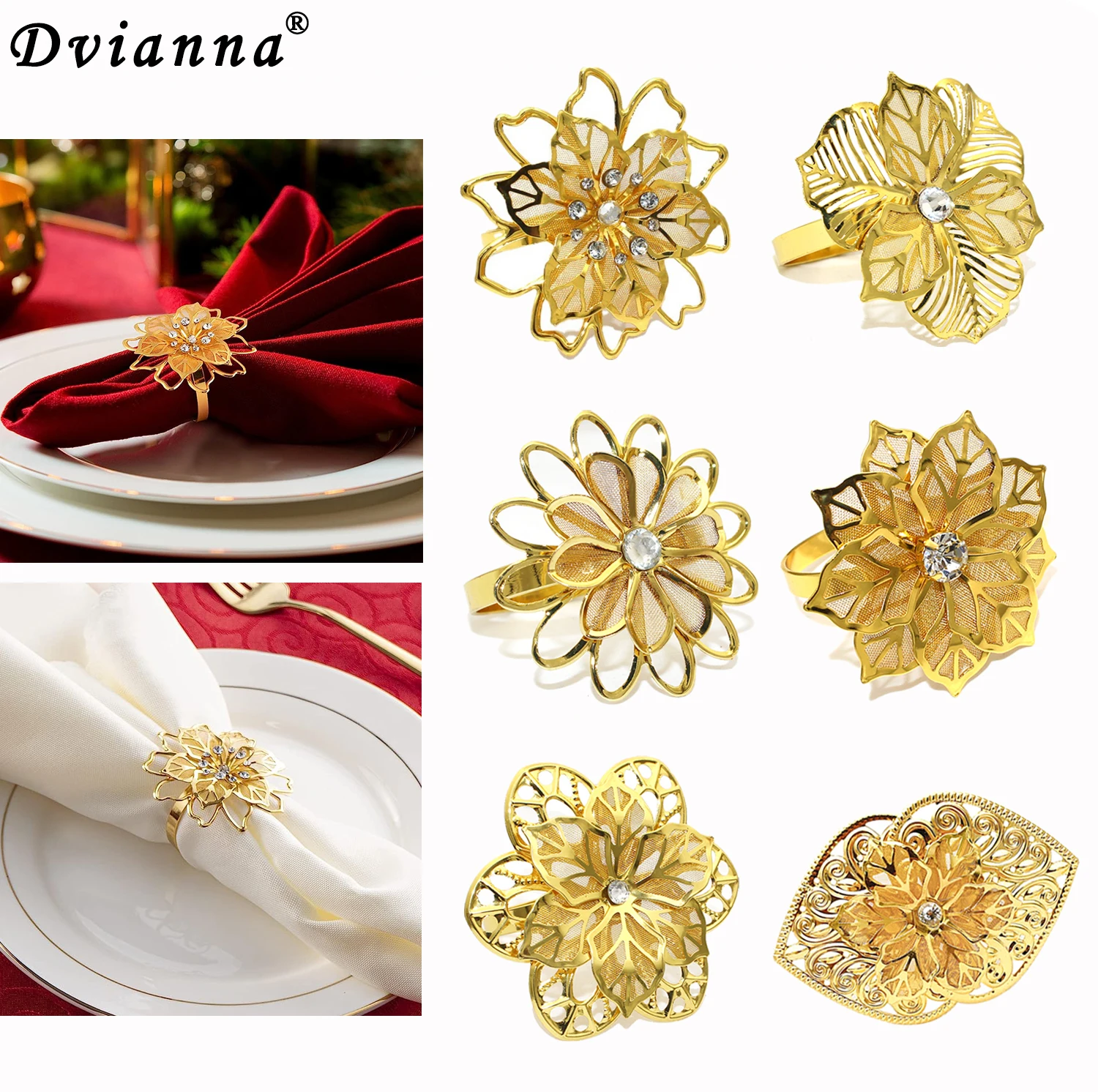 

8Pcs Gold Rhinestone Napkin Holders Hollow Out Flower Napkin Ring for Valentine's Day Wedding Dinners Party Table Decor HWD105