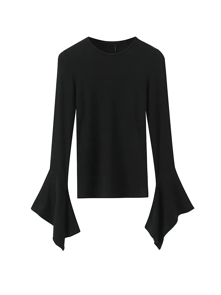 Spring New Long sleeve T shirt For Women Simple Casual Fitted Basic Tee Shirt Fashion Solid Color Autumn Tierred Decor Slim Tee