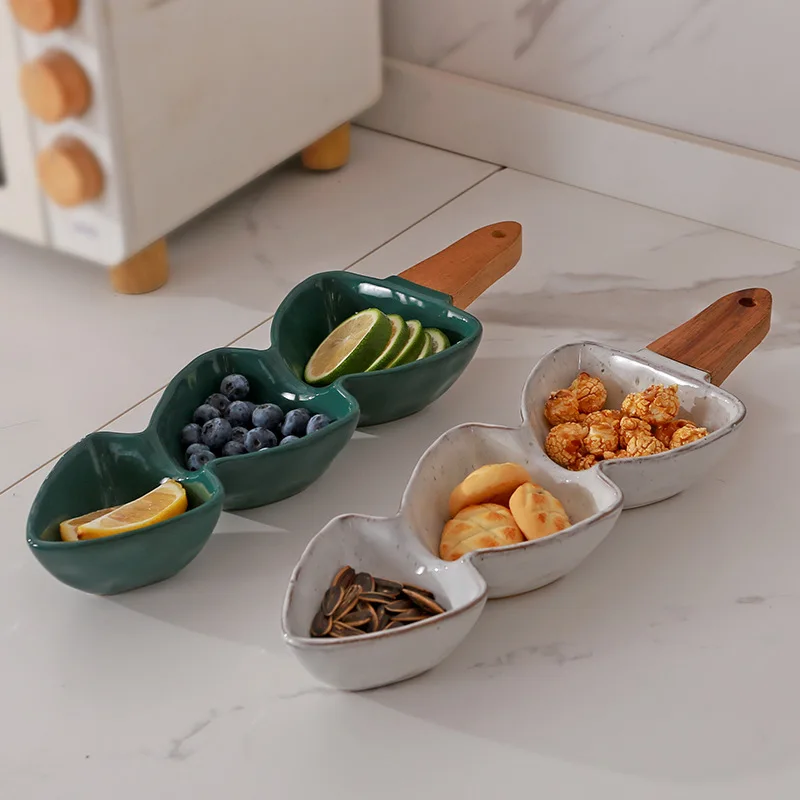 Ins New Creative Ceramic Divided Plate with Wooden Handle Ceramic Dried Fruit Plate Christmas Plate Home Premium Feeling