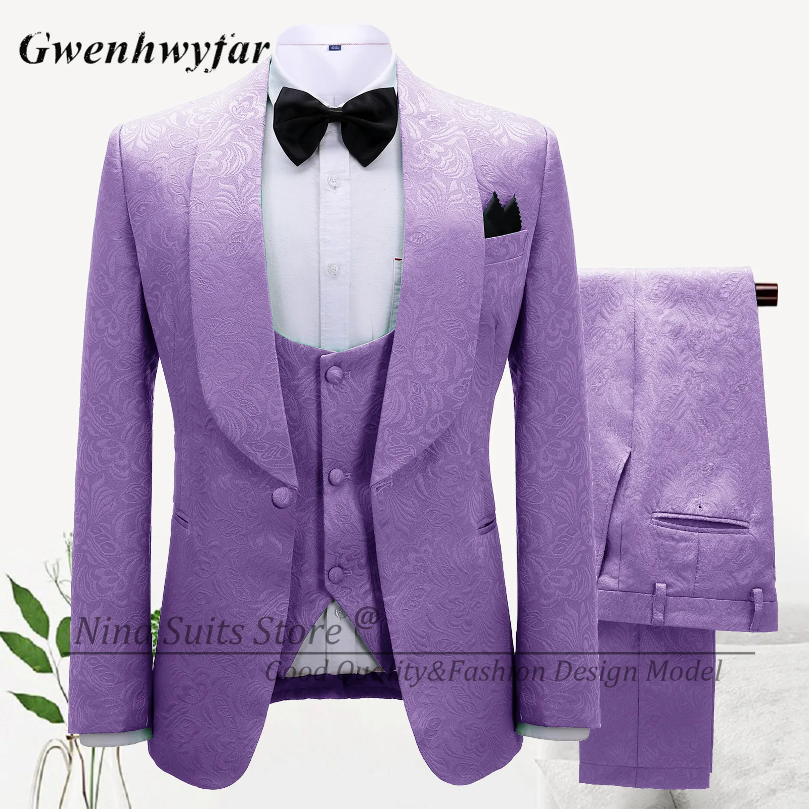G&N 3 Pieces Lavander Jacqaurd Men's Suit Shaw Lapel Slim Fit Tuxedos Groom Tailor Made Terno Masculino (Blazer+Pants+Vest)