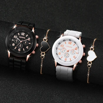 4 Pçs/set Casal Relógios Moda Banda de Silicone Mulheres Relógio de Quartzo Conjunto de Pulseira de Coração (Sem Caixa) 1