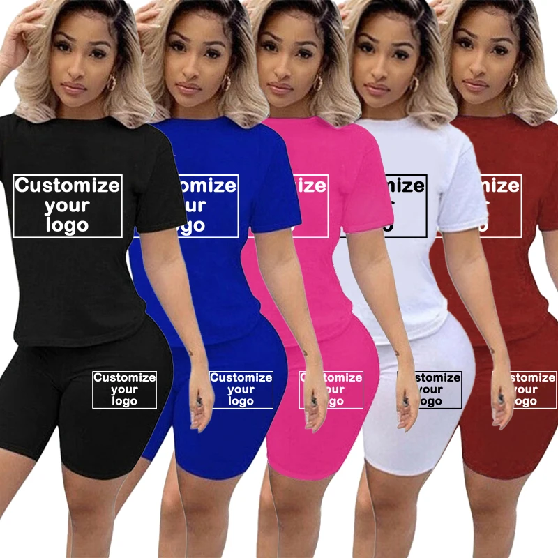 Women's Customized Sports Set Casual Two Piece Set Customized Your Logo Tight Short sleeved T-shirt Top Shorts Sportswear Set