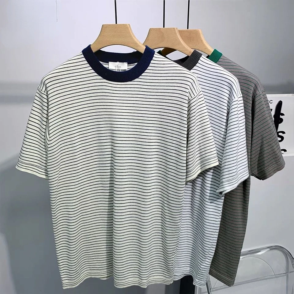 

2023 Men Summer Knit T-Shirt Male High-Grade Slim Fit Casual Short Sleeve Striped T-shirt Fashion O-Neck Homme Tee Shirt A01