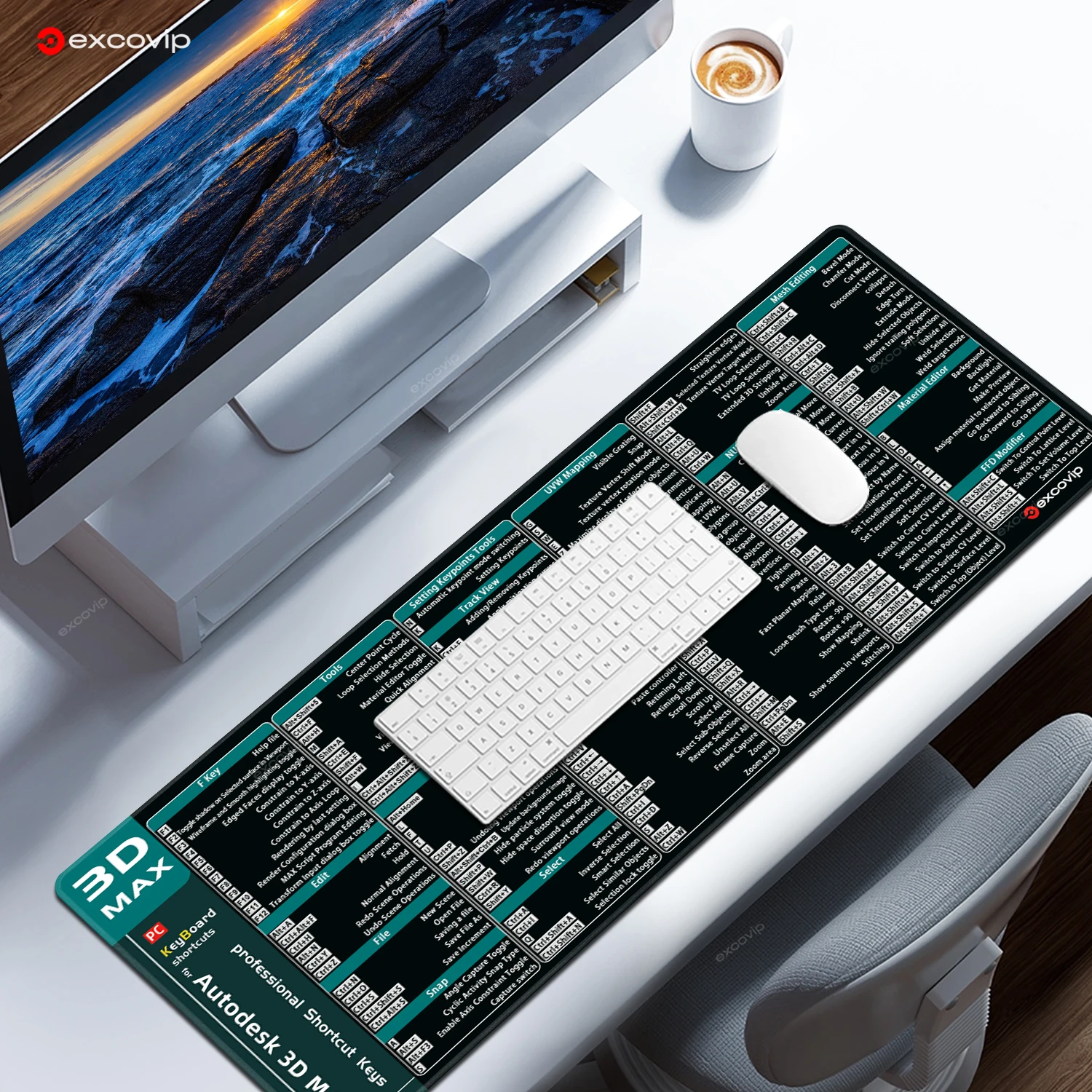 EXCO Shortcuts Mauspad für 3D Studio Max Modeling, großes Spickzettel, Tastatur-Mauspad, Schreibtischunterlage, rutschfeste Basis, genähte Kante – Detail 9