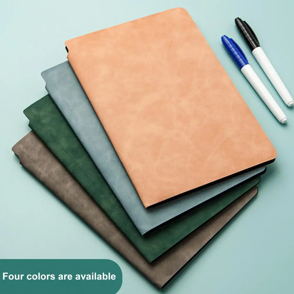 1 Set A5 Notepad Writing Board with Marker Whiteboard Notebook Double Side Reusable Faux Leather Shell Students Office Supplies