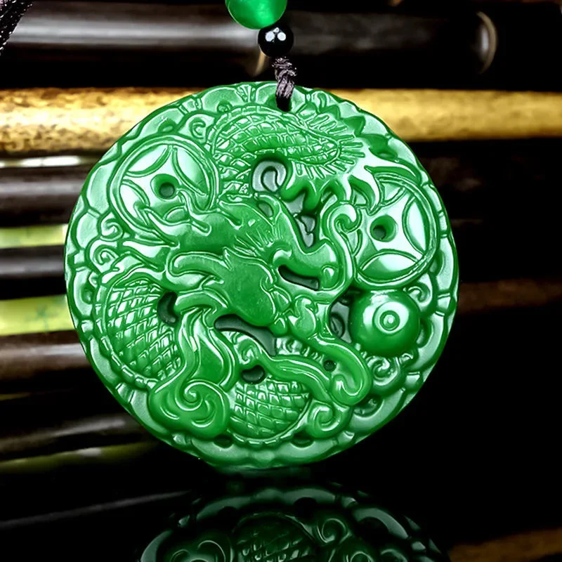 

Natural Green Jade Dragon Phoenix Pendant Necklace Charm Jewellery Fashion Accessories Hand-Carved Man Luck Amulet Gifts