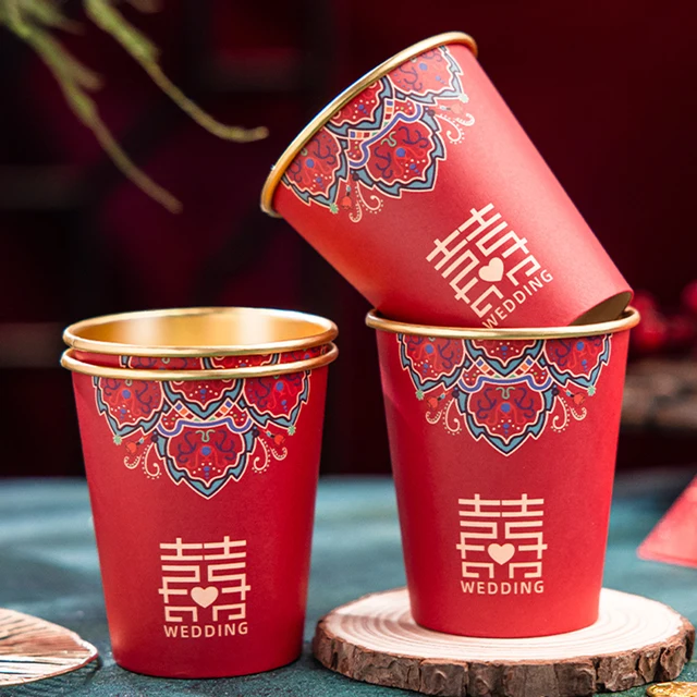 1pc/50pcs Wholesale Wedding Engagement Party Paper Cups Disposable Red  Double Happiness Water Cups With Red Double Happiness Imprint For Tea  Ceremony And Wedding Celebration