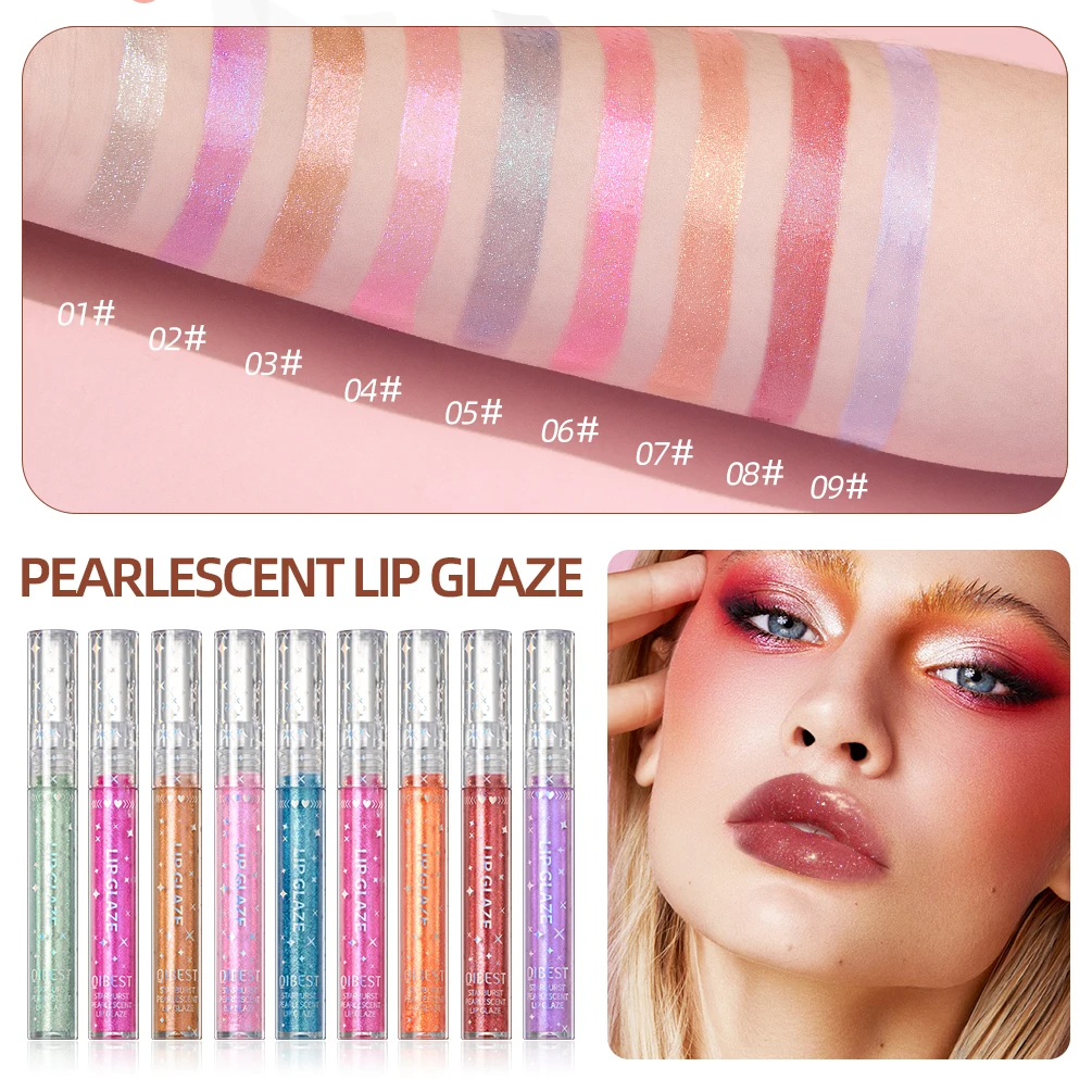 QIBEST 9 Colors Lip Gloss Set Starburst Pearlescent Liquid Lipstick Shiny Moisturizing Lip Glaze Glitter Makeup Kit Long-lasting 6