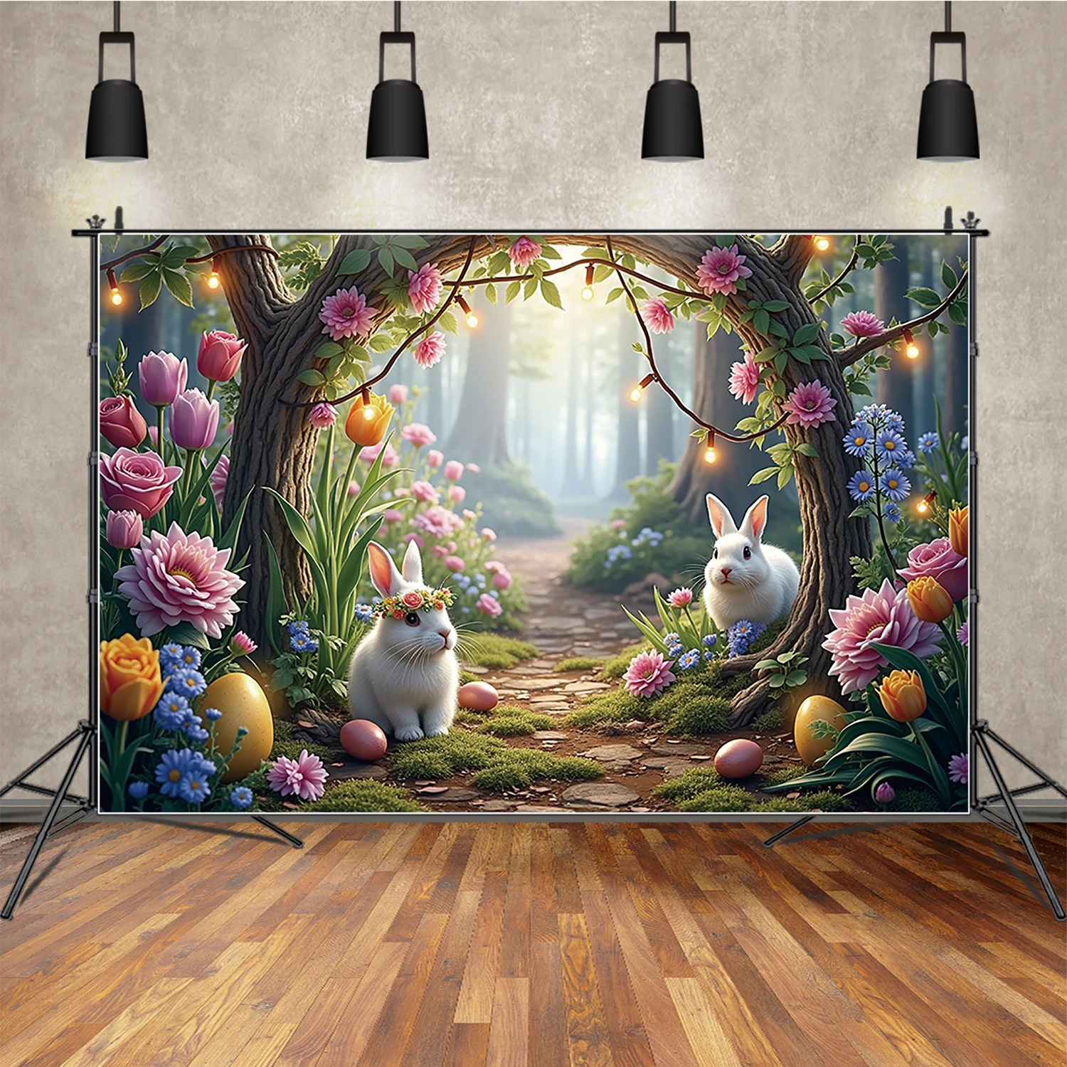 Garden Easter Background Photography Rabbit Bunny Doll House Flower Garland Wreath Backdrop Wooden Wall Studio Photozone