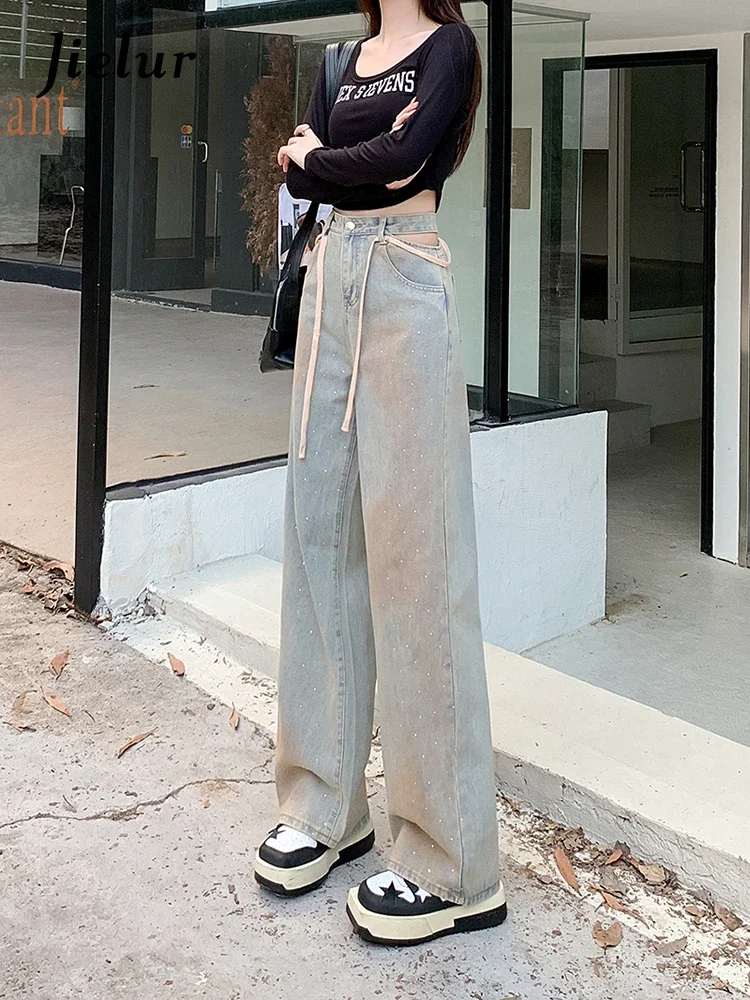 Jielur Ins Sexy Hollow Out Vintage Women Jeans High Waist Slim Fashion Woman Jeans Autumn New Chicly Straight Leg Pants Female
