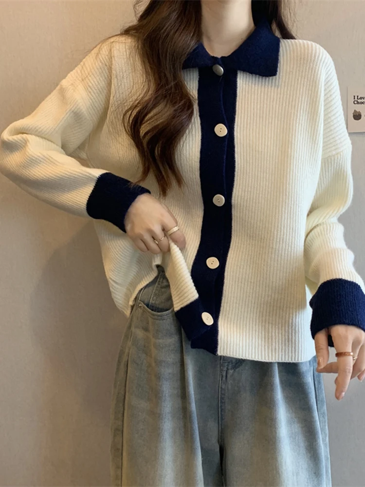 IUOIIN 턴다운 칼라 가디건 여성용 스웨터, 2023 가을 패션, 루즈 버튼, 솔리드 가디건, 기본 싱글 브레스트 의류