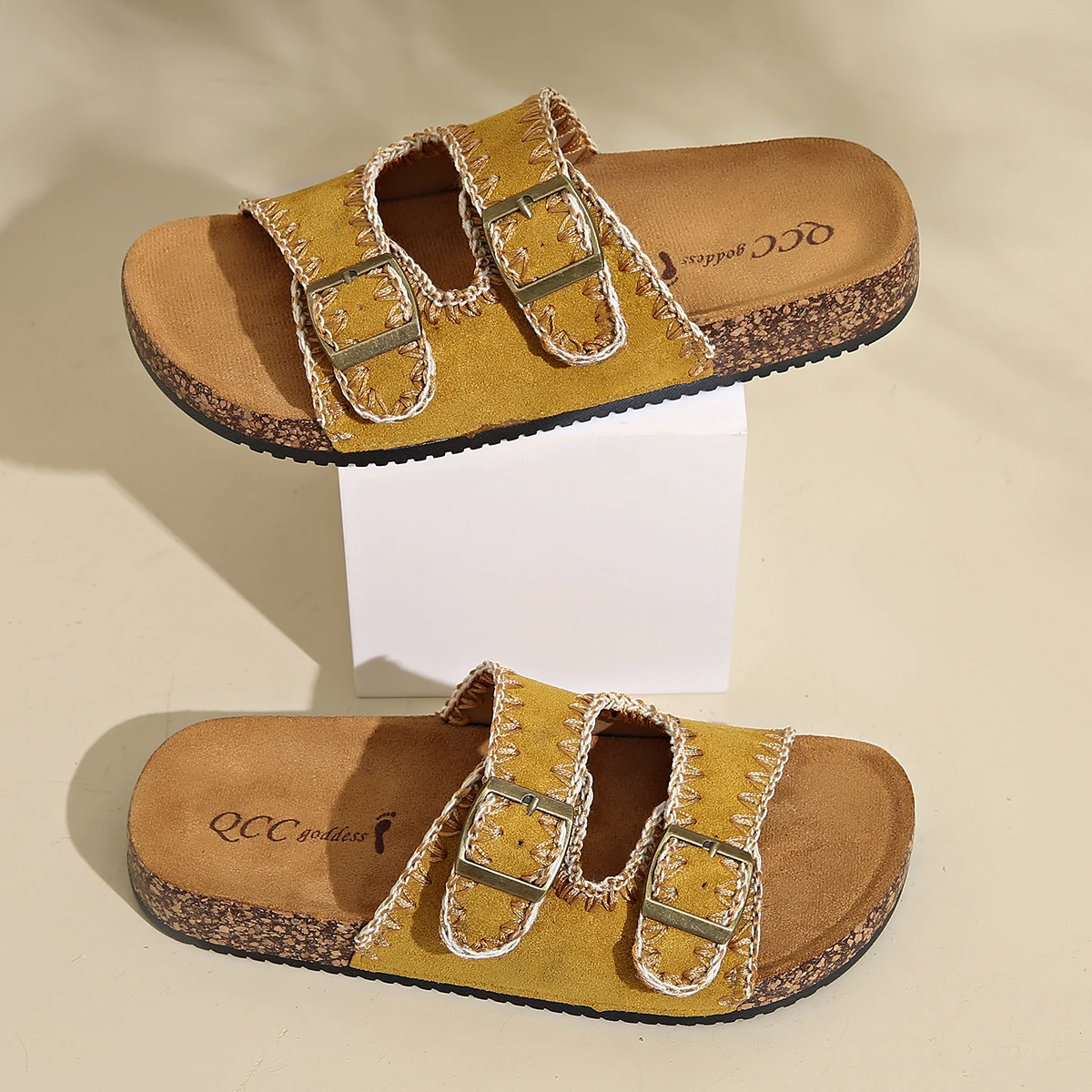 Aphixta Yellow Buckle Slippers Women Summer Beach Shoes Sewing Open Toe Outdoor Big Size 42 Luxury Flip Flop Cork Footbed Slides