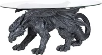 Warwickshire Dragon Gothic Decor Glass Topped Coffee Table, 39 Inch, Polyresin, Grey Stone 1