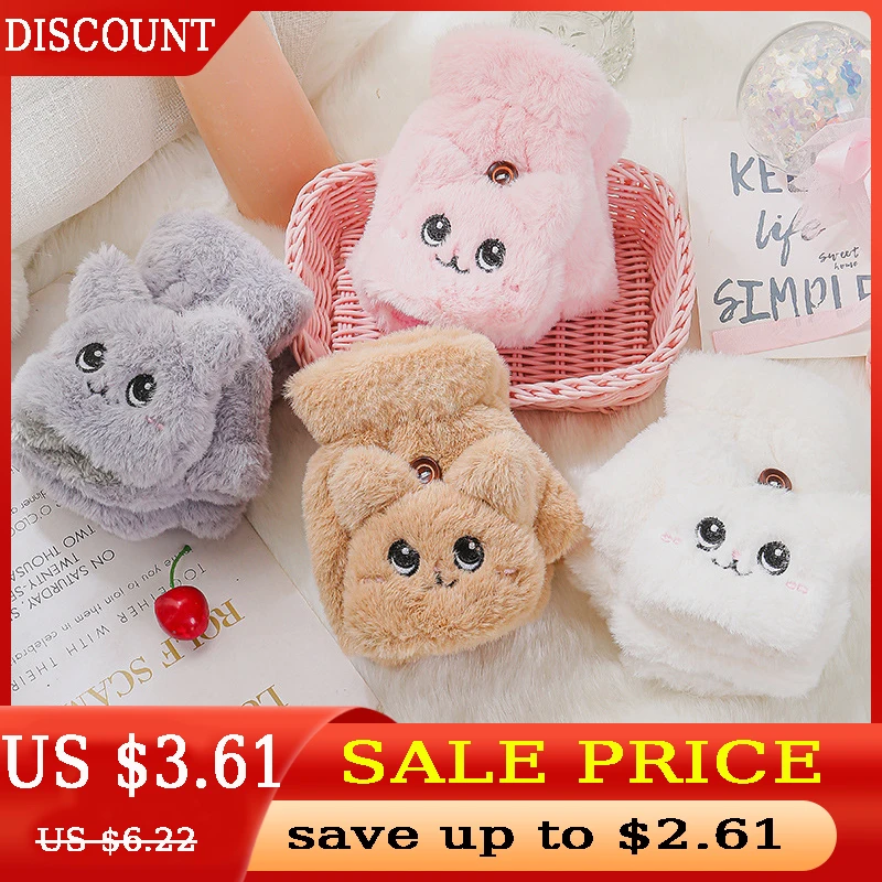 

Симпатичные плюшевые перчатки с котом, женские откидные варежки на полпальца для вождения, осенне-зимние теплые перчатки без пальцев для письма, модные варежки для девочек