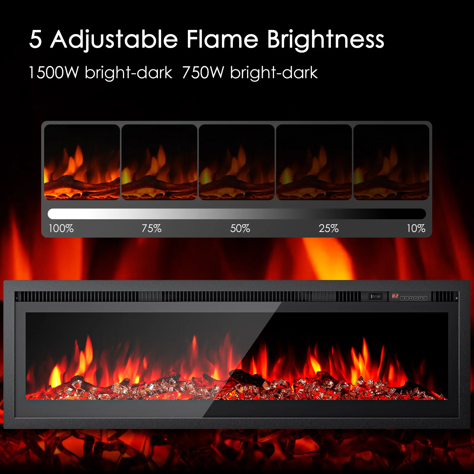 Electric Fireplace Heater Wall Mounted Recessed Fireplace 1500W 8H Timer 12 Color Flame Remote Control 50-60dB Low Noise EU Plug
