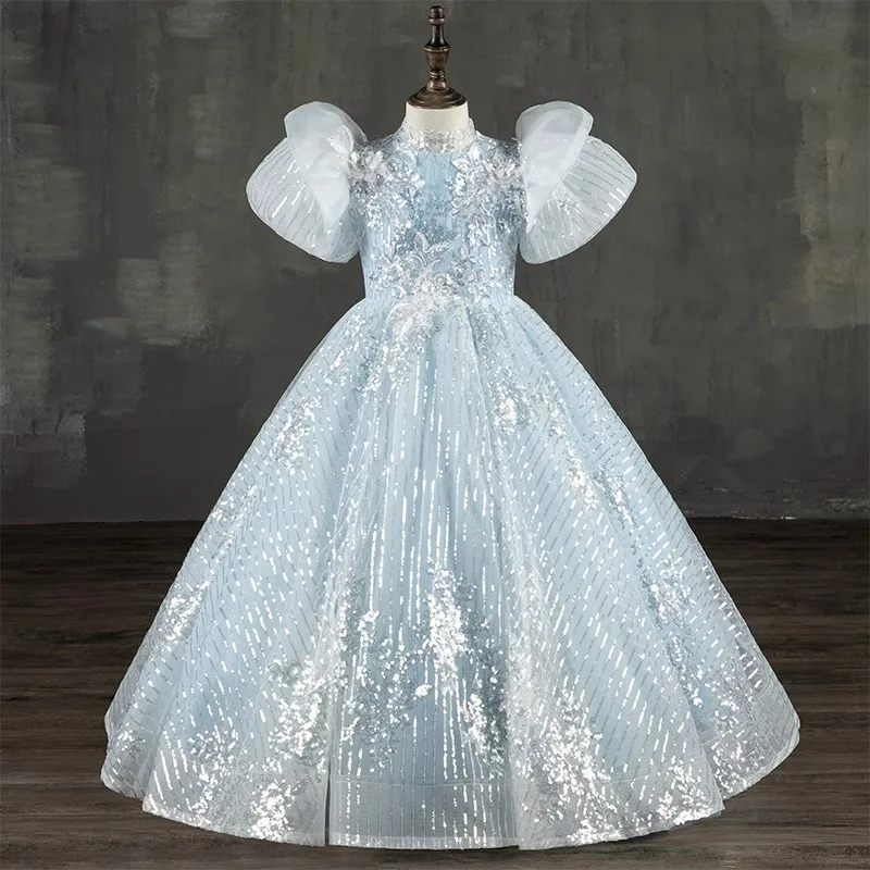 

Real Picture Princess Flower Girl Dresses For Wedding Party High Neck Sequined A Line Children Prom Pageant Gown Formal Wear