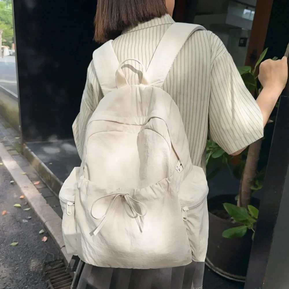 Japanese Style Student Backpack Solid Color Bow Travel School Bag Lightweight and Fashionable Women's Backpack New Simple Casual