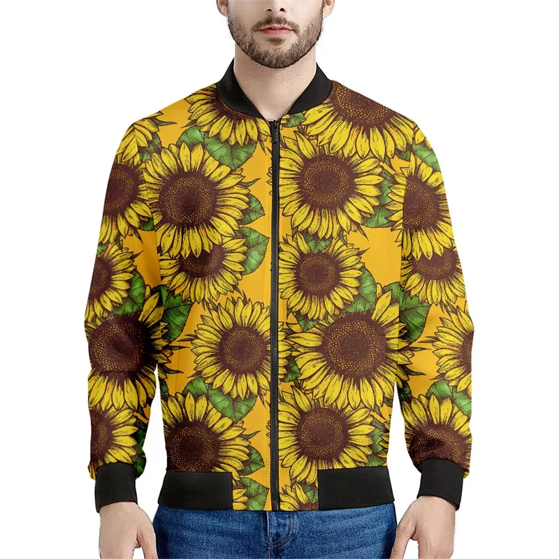 thumbnail image 1 of Chaqueta con cremallera y estampado 3D de girasoles para hombre, sudaderas con capucha y estampado floral de plantas, abrigos de gran tamaño de manga larga para la calle, 1 of 5