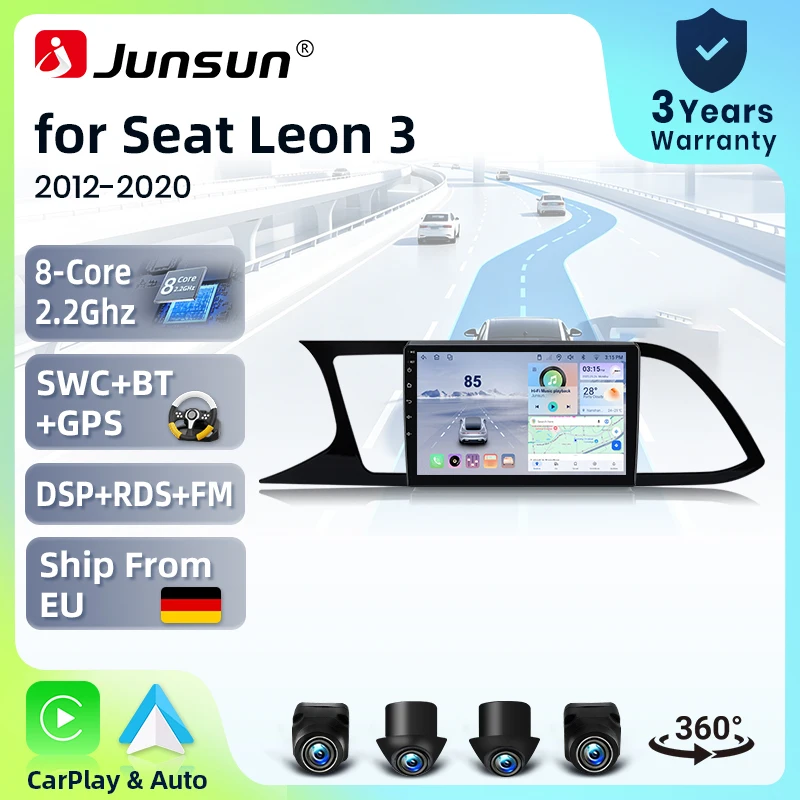 Radio para Auto Junsun de 9 Pulgadas para Seat Leon Mk3 5F1 5F5 2012-2020, Sistema Inteligente Android 15, Cámara con Vista de 360°, CarPlay Inalámbrico, Voz AI, Pantalla Táctil IPS, Reproductor Multimedia Inteligente, Unidad Principal 2 Din, Navegador GPS, Mirror Link, Bluetooth, FM, AM, RDS, DSP 1