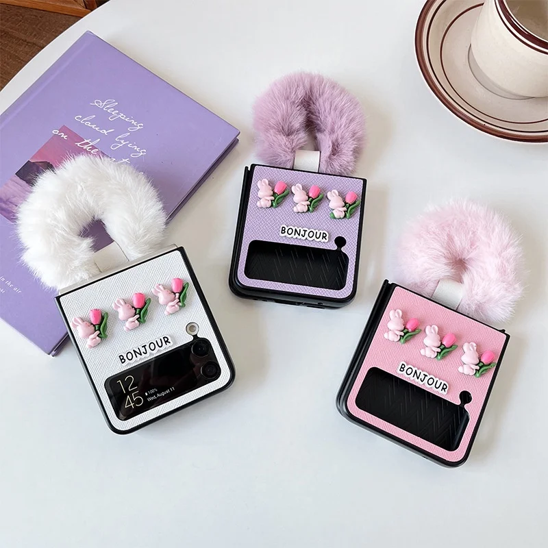 

Samsung Galaxy Z Flip 4 3 5G Luxury Korean Fashion Girl Sweet Cute Rose Rabbit Fluffy Fur Hand Chain Leather Phone Case Cover