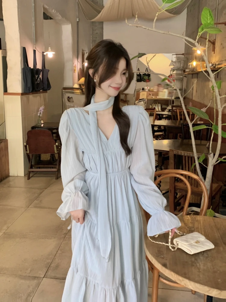 Elegant Autumn Midi Dresses for Women V-neck Flare Sleeves A-line Solid Korean Fashion Casual French Vintage Vestidos Mujer New