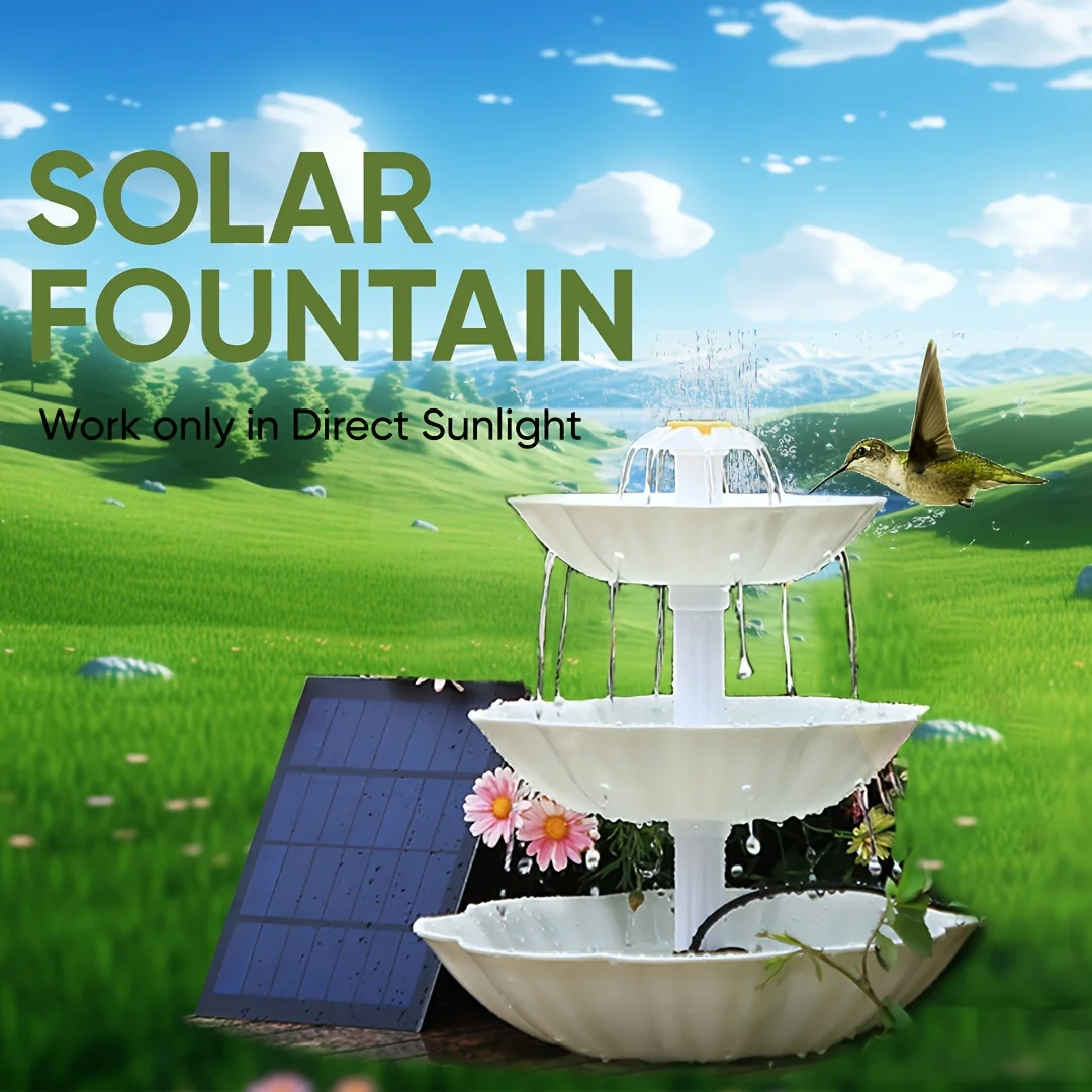Solar Fountain Triple Bird Bath DIY Detachable Garden Water Feature For Ponds Pools Backyards