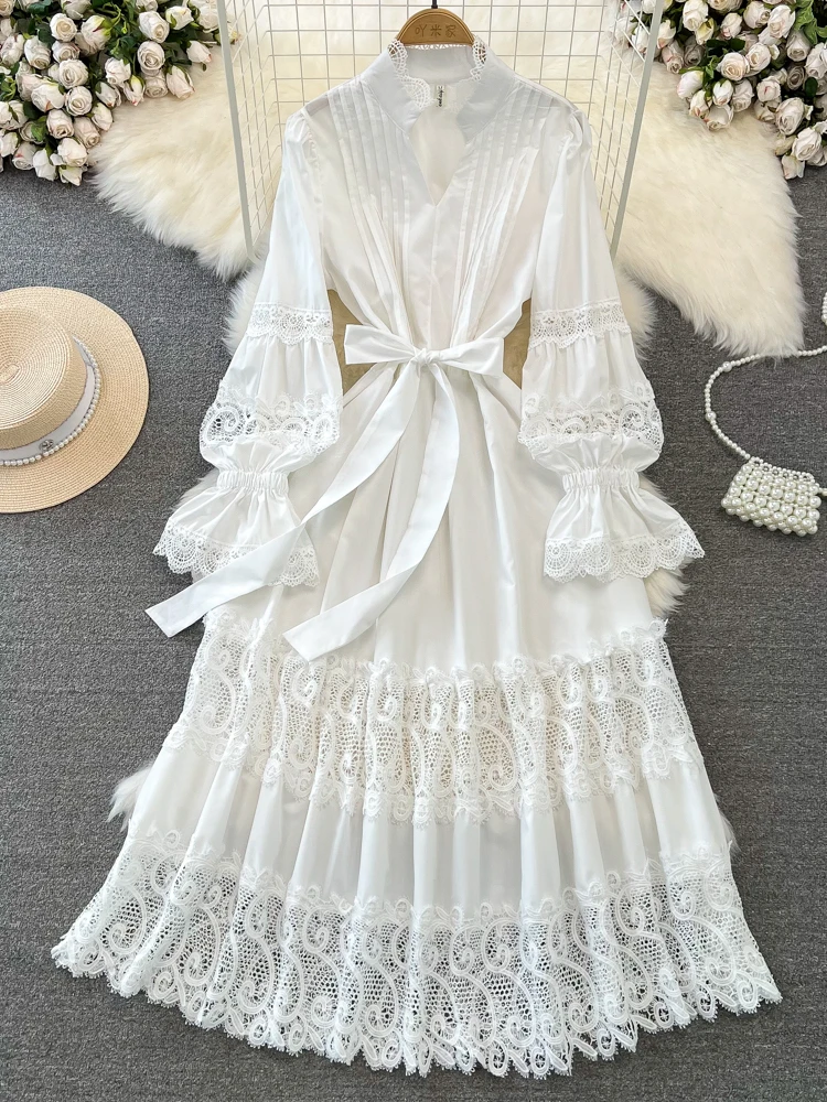 

FMFSSOM New Casual Spring Summer Solid Slim Full Lady Dress A Line O Neck Chiffon Pullover High Waist Mid-Calf Women Dresses