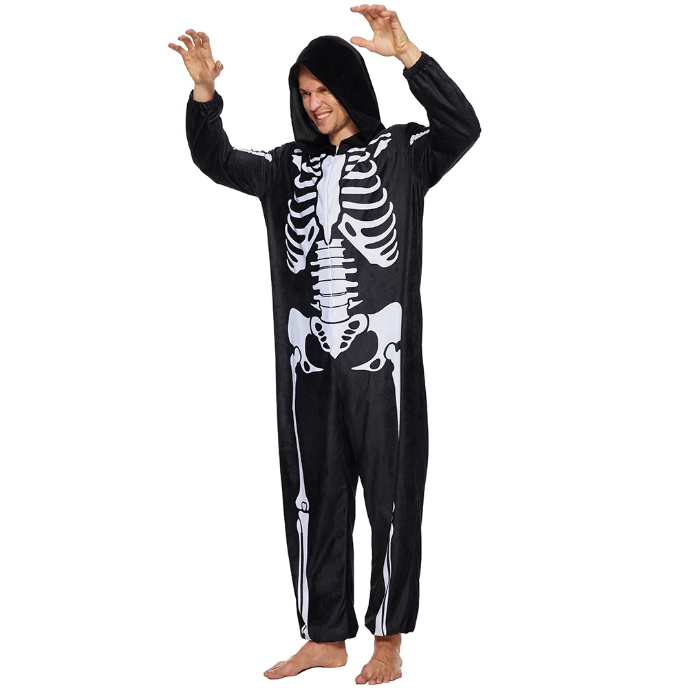 Fantasia de Halloween para adultos combinando a família, pijama de  esqueleto com capuz e zíper, pijama feminino G