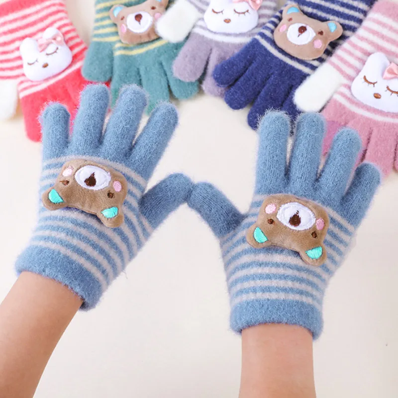 Cute Cartoon Kids Knitted Gloves Woolen Bear Children Split Finger Gloves 3-8year Boy Girl Winter Hand Warmer Baby Plush Mittens 3