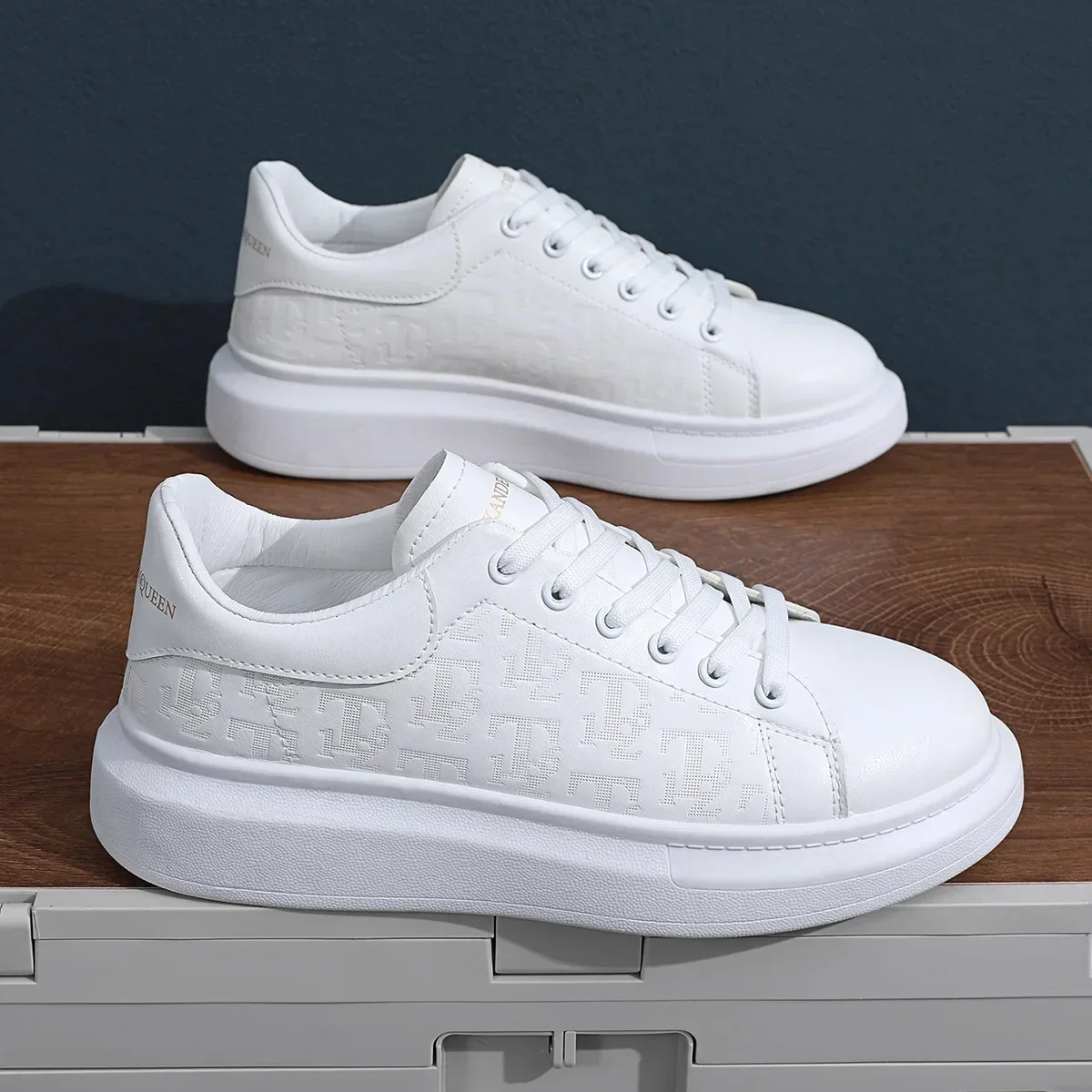 Leather Casual Shoes Men Lace-up Thick Sole Casual Sneakers Versatile Leather Muffin Shoes Elevated Male Board Footwear
