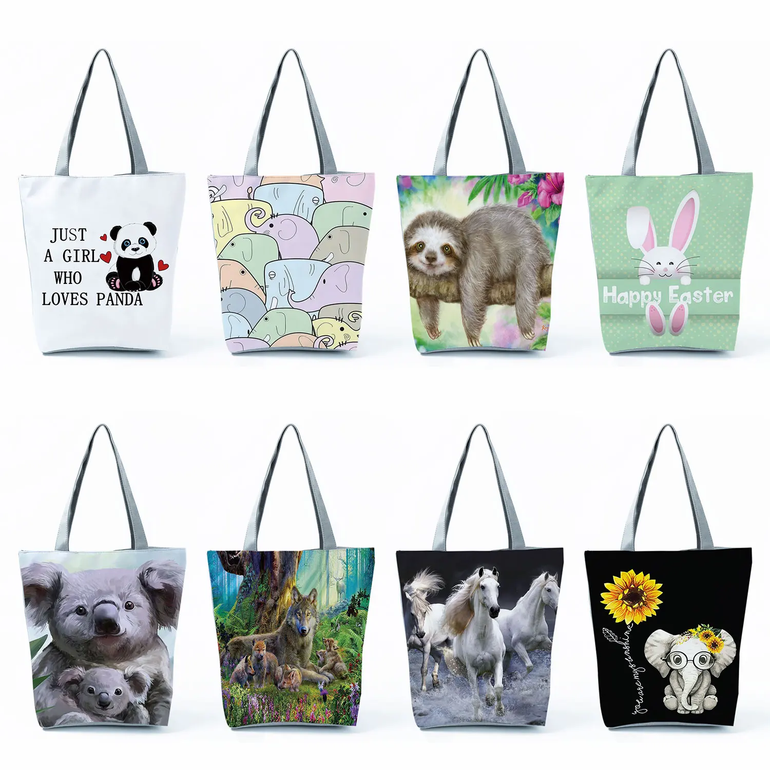 

High Capacity Handbags for Women Shoulder Shopping Bag Portable Kawaii Koala Rabbit Elephant Panda Print Cute Animal Tote Casual