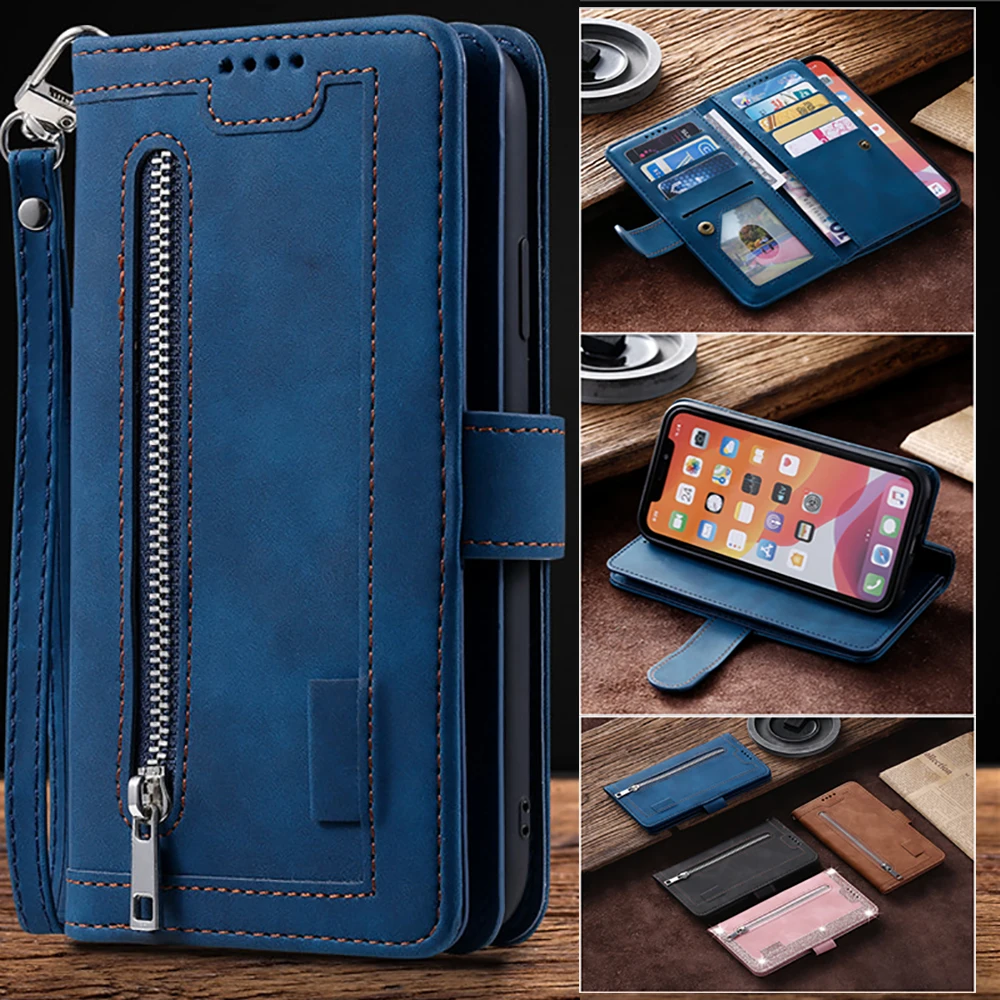 Premium Flip Leather Wallet Case with Zipper and Multi-Card Slots