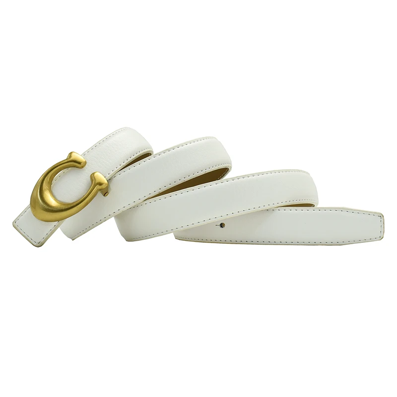 Western Women Leather Belt Retro Alloy Letter Smooth C Buckle Black Red White Versatile Jeans Leather Strap