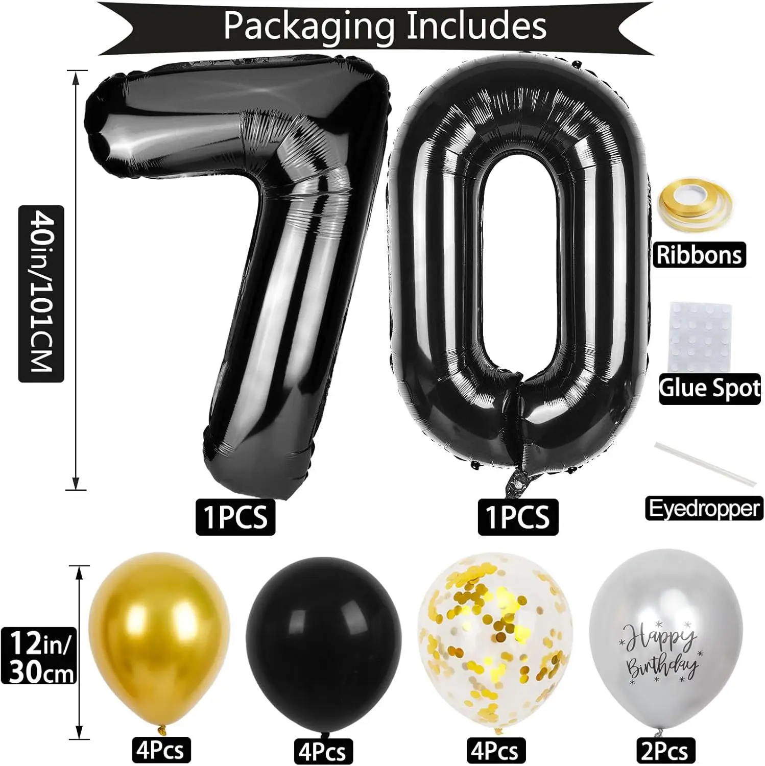 40 Zoll Schwarze Große Zahlen 16/18/21/30/40/50/60 Jahre Set mit Glitzer-Latexballons für Erwachsene Männer Geburtstagsdekoration – Detail 5