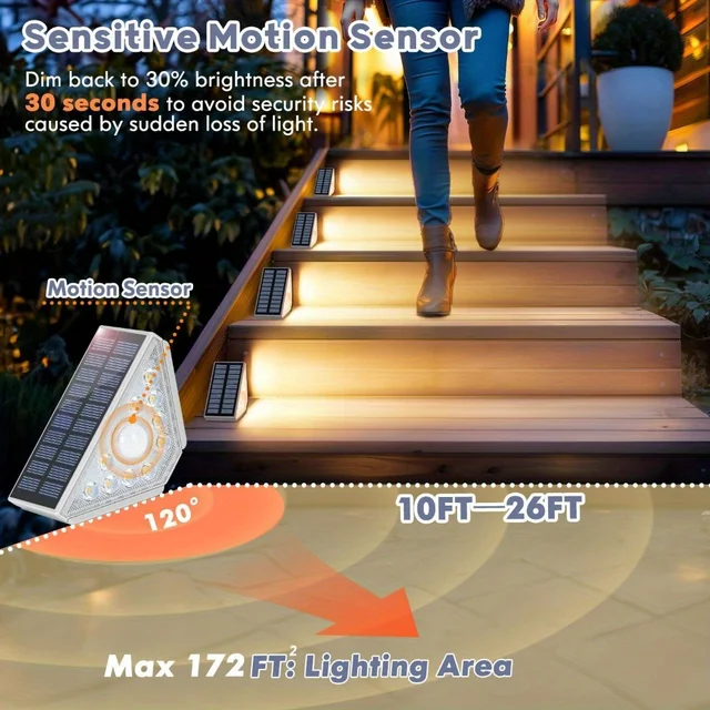 1-4PCS Motion Sensor Stair Solar Lights Outdoor Waterproof 10D Solar Step Warm Lights for Outside Detector Lamp for Garden 4