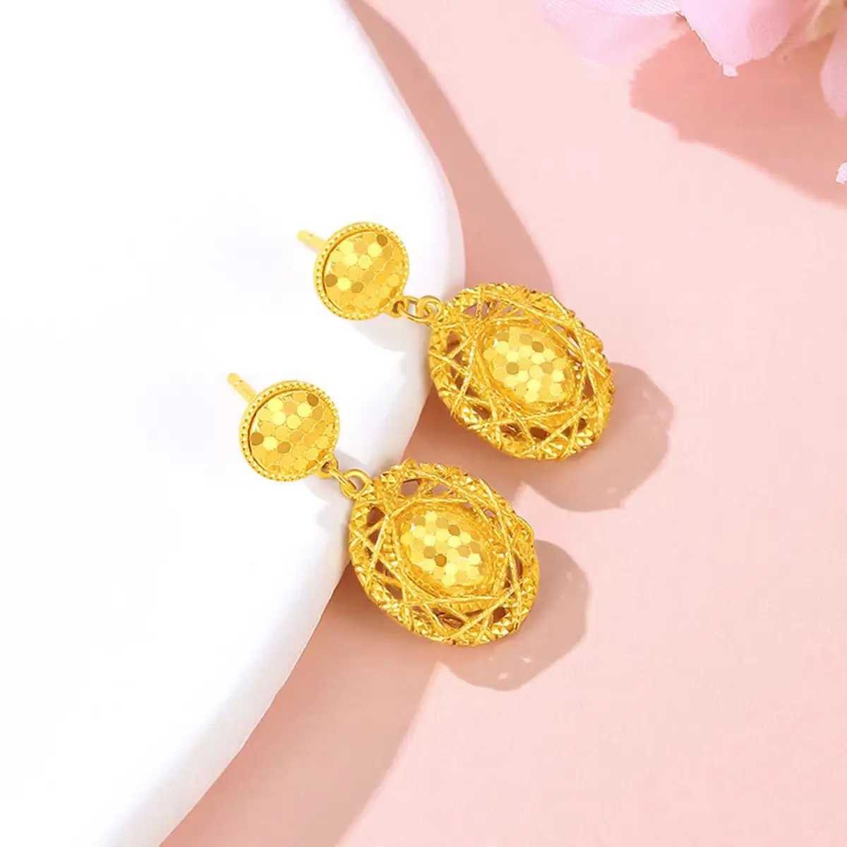 Honeycomb Pigeon Egg Earrings Women's 24K Gold AU999 - Mini pigeon egg studs, delicate design for workplace looks