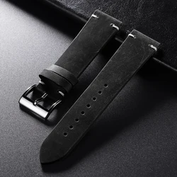 Brown Vintage Leather Watchband - Soft Handmade Cowhide Strap with Stitching - 21mm (Black)