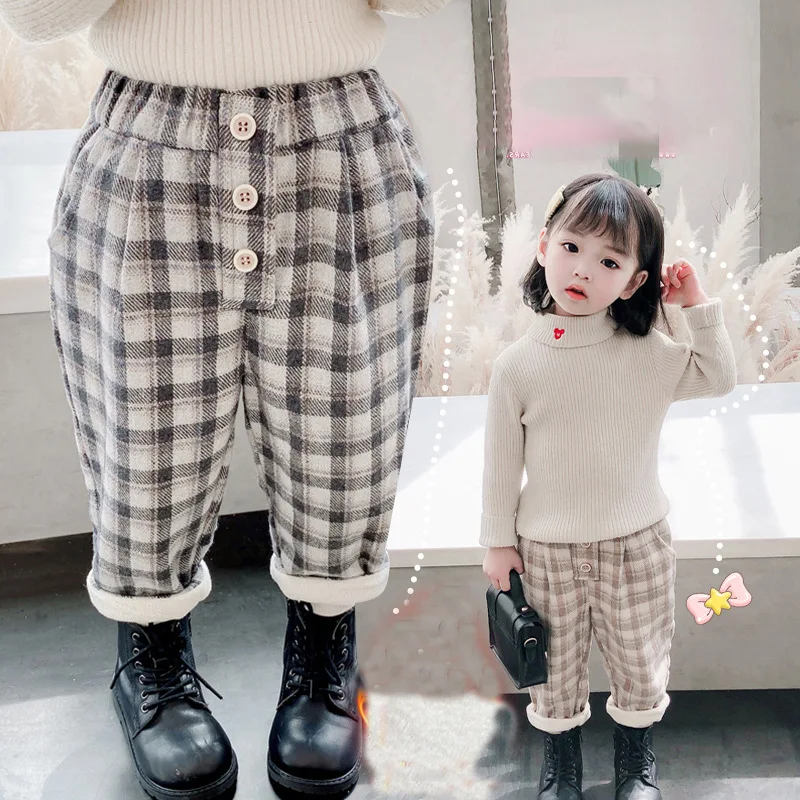 

Baby Girls Boys Pants Kids Grid Printed Trousers Toddler Fleece Thicken Pant Winter Children's Warm Clothing Korean Style