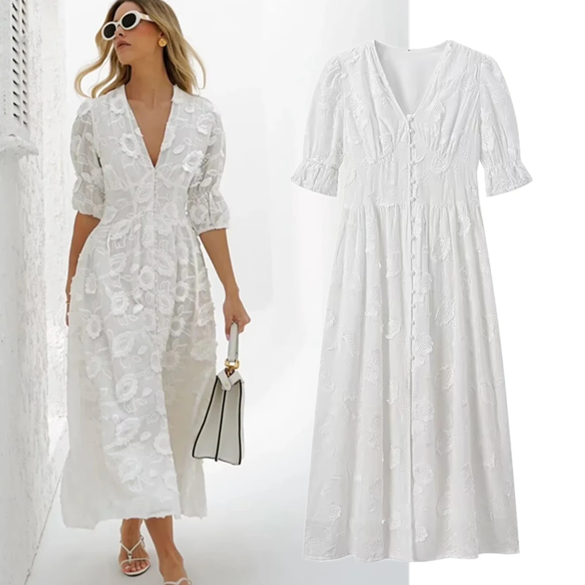 Maxdutti Vestidos Embroidered White Single Breasted Dress Women French Minimalist Short Sleeve Elegant Lace Maxi Dress