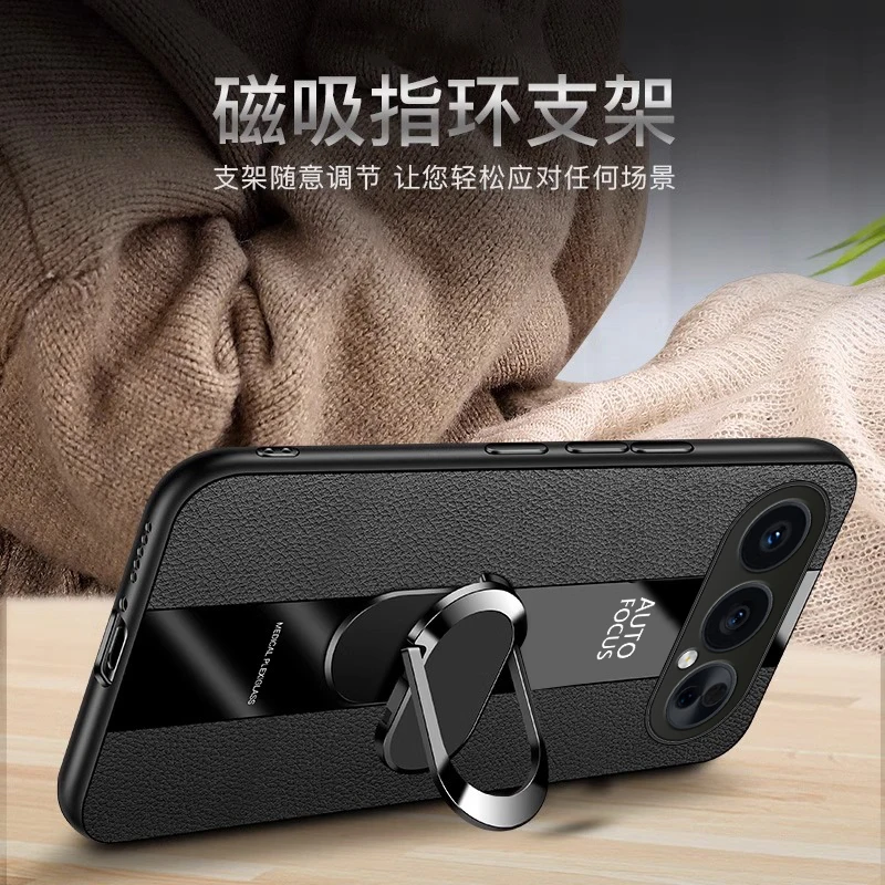 Sleek Plexiglass PU Leather Case with Magnetic Ring Stand - Shockproof Protection Cover