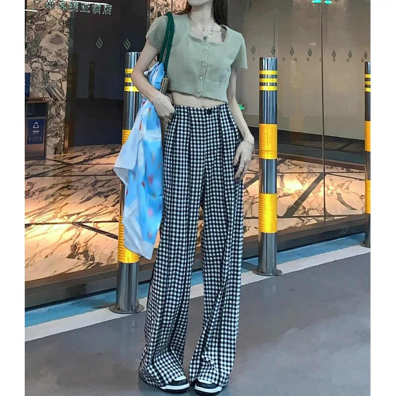 

2023 Korean Summer Women's New Loose Splicing Slacks Plaid Pants High Waist Mop Wide-leg Pants