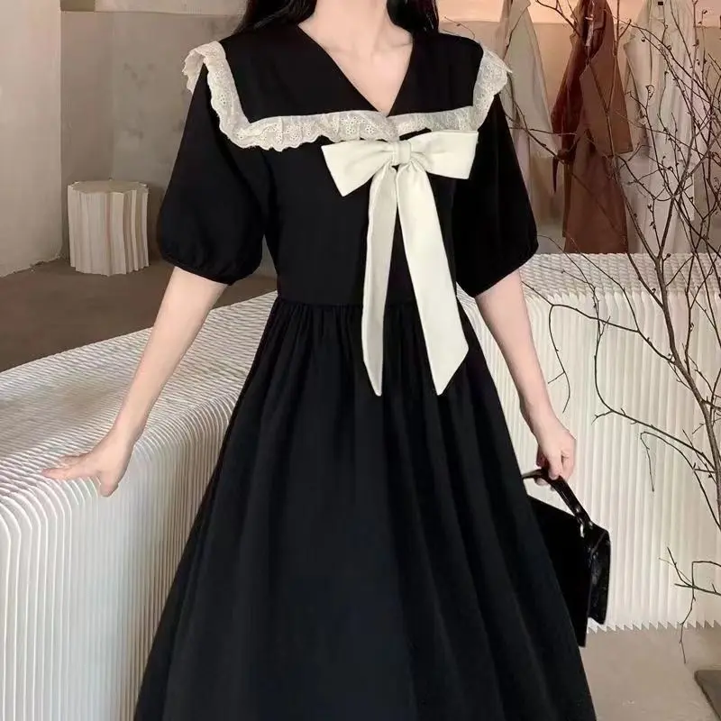 Baby Collar Academy Style New 2023 Bowtie Dress Women's Summer Korean Version Patchwork Lacing Plus Size Mid Length Dresses