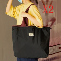Oversized Waterproof Oxford Tote - Foldable Reusable Shopping Bag with Drawstring Closure - As Show (Black - Large - 2pcs)