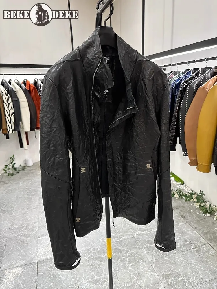 

Runway Designer Mens Vintage Cowhide Genuine Leather Jacket Metal Gothic Punk Style Vintage Coat Luxury Handmade Slim Fit Jacket