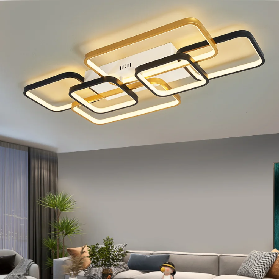 

DIY Rectangle Modern Led Chandelier For Living Room Bedroom Study Room Ceiling Chandelier Fixtures 90-260V Black+Gold Color