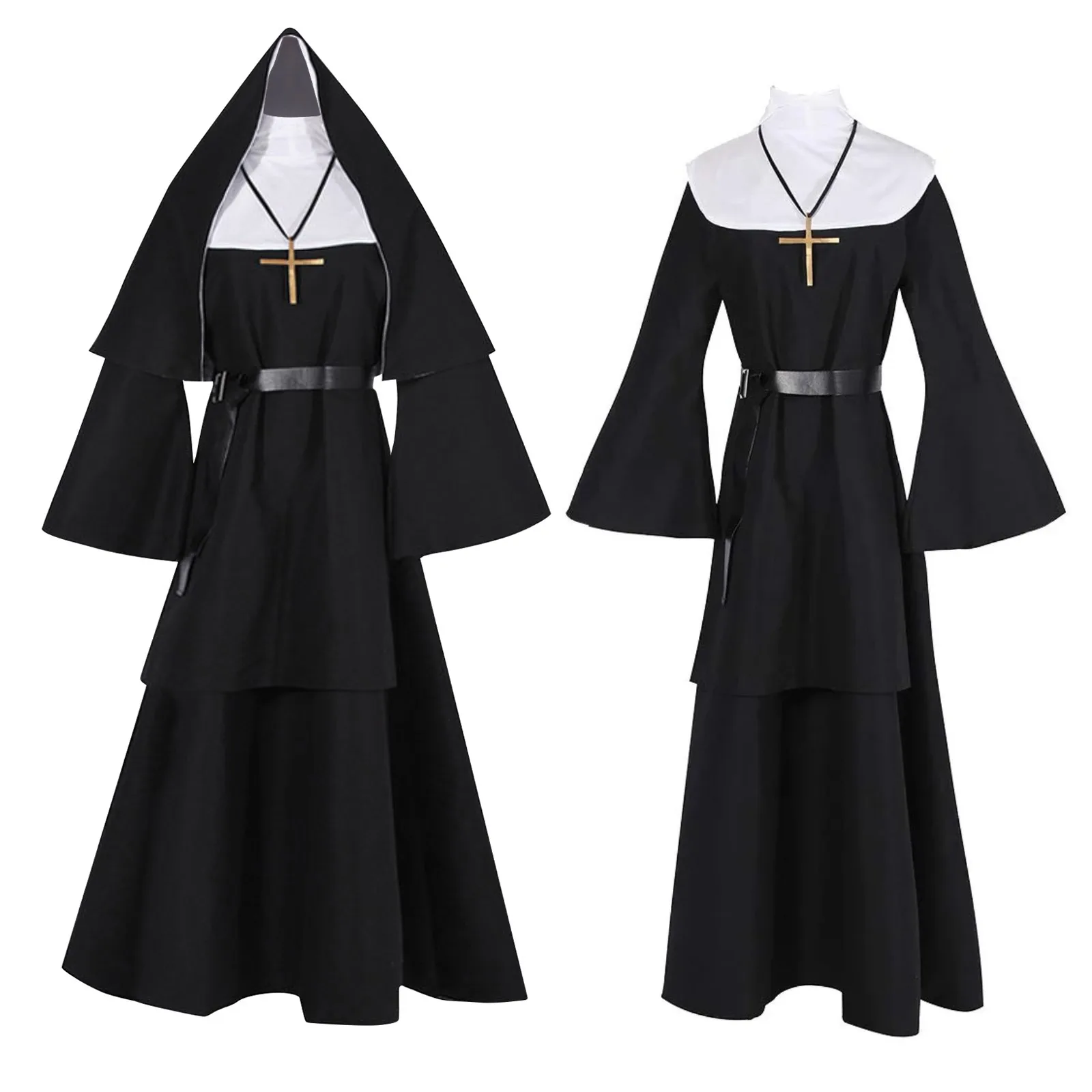 Halloween Nun Cosplay Costume 4-Pieces Set With Cape Belt Necklace Classic Trend Cosplay Costume For Masquerade Party Gifts