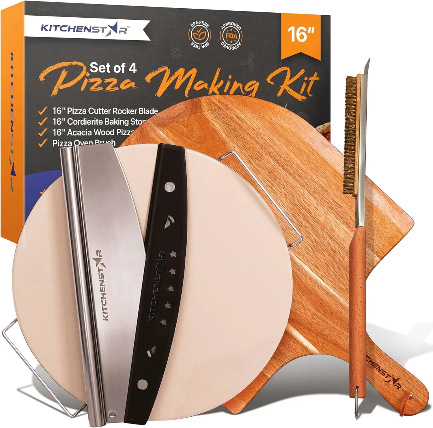 

16" Pizza Making Kit (Set of 4) - , Stainless Steel Pizza Cutter Rocker w Protective Cover, Oven Metal Brush w Scraper