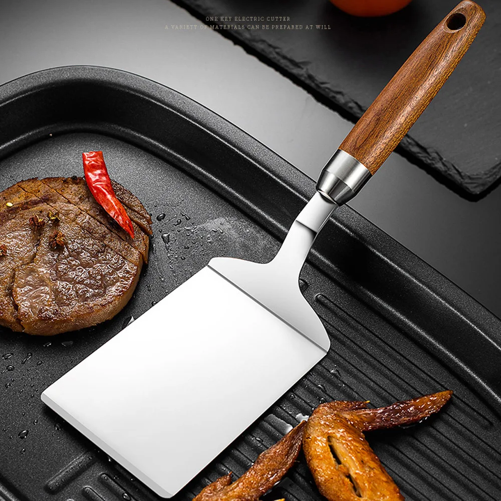 

Food Grade Steak Spatula 403 Stainless Steel BBQ Plate Grill Scraper Pancake Spatula 8.5cm Shovel Surface with Wood Handle